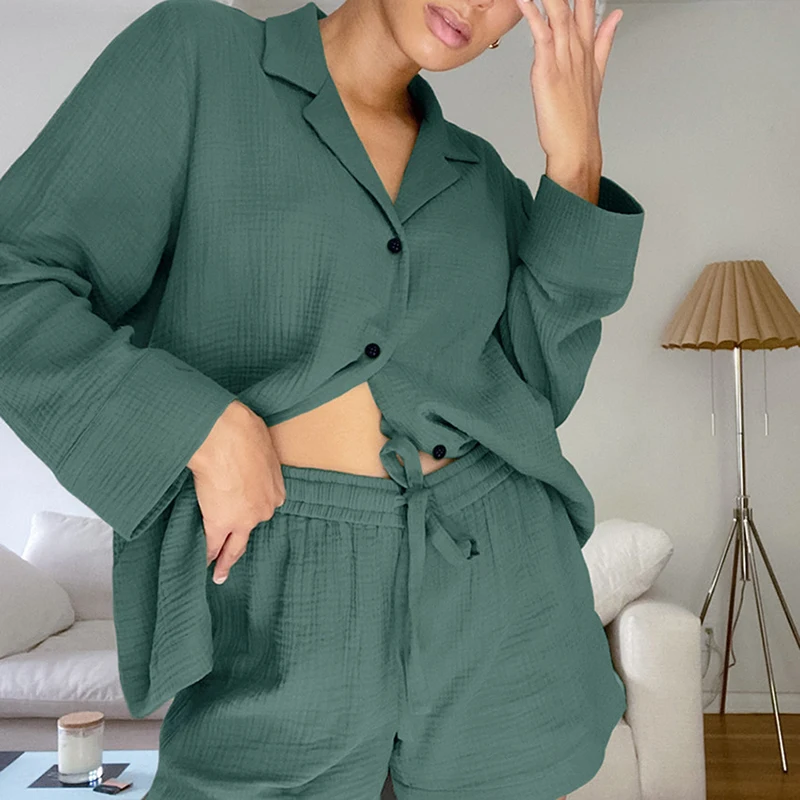 

Summer Sleepwear Loung Wear Women's Home Clothes Long Sleeve Shirt Tops and Loose High Waisted Mini Shorts Two Piece Set Pajamas