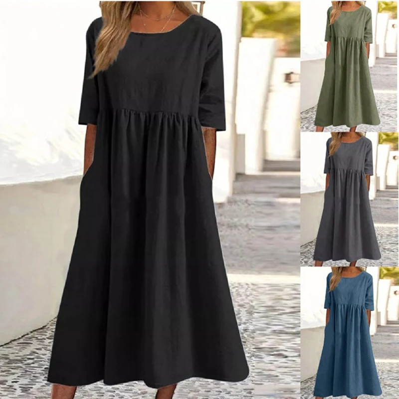 Women Dress Cotton Linen Loose Long Maxi Autumn O-Neck Long Lantern Sleeve Solid Oversized Pocket S-2XL 5XL 4XL