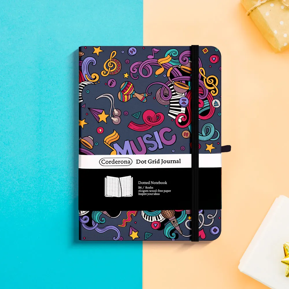 Music Guitar Dotted Bullet Notebook, Elastic Band, Back Pocket, Pen Loop, B6 160gsm Hard Cover Travel Journal