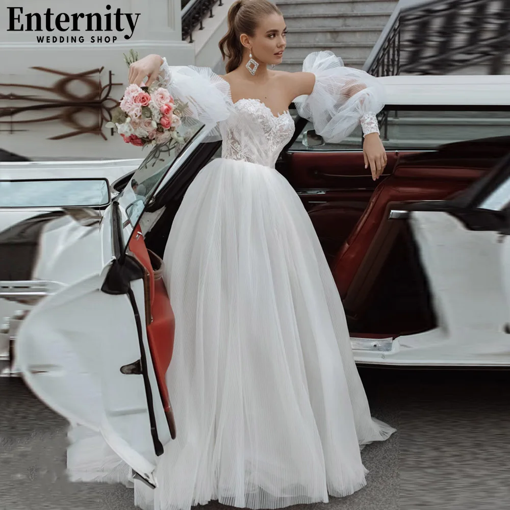 

Attractive Sweetheart A Line Wedding Dresses Lace Appliques Long Puffy Sleeves Bridal Gowns Sweep Train Vestidos De Novia