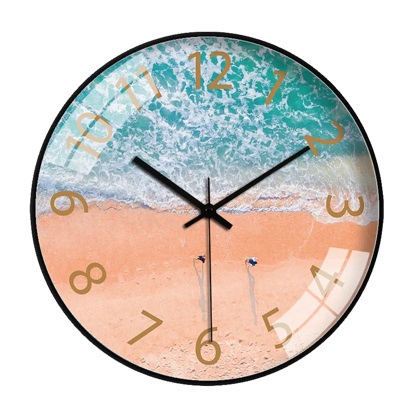 Large Round Wall Clock Gold Silent Sea Art B  