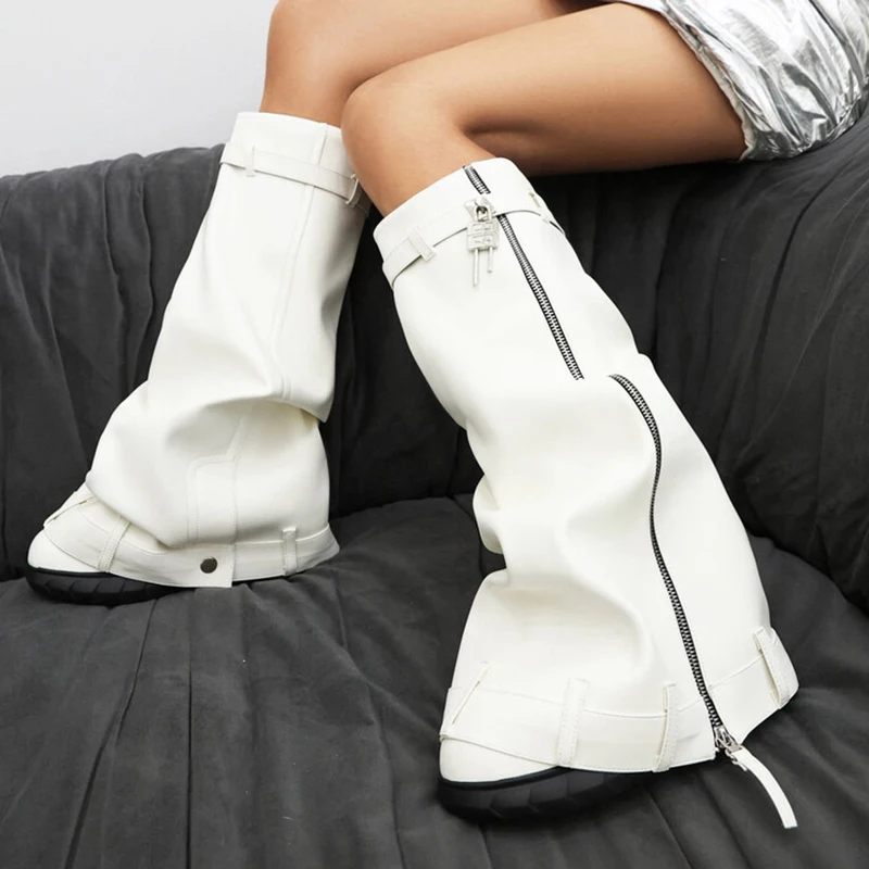 Big Size 48 Women Round Toe Overlay Shoes Lady Bright Patent Lock Shark Booties Cowgirls Zipper Thick Soles Knee High Boots
