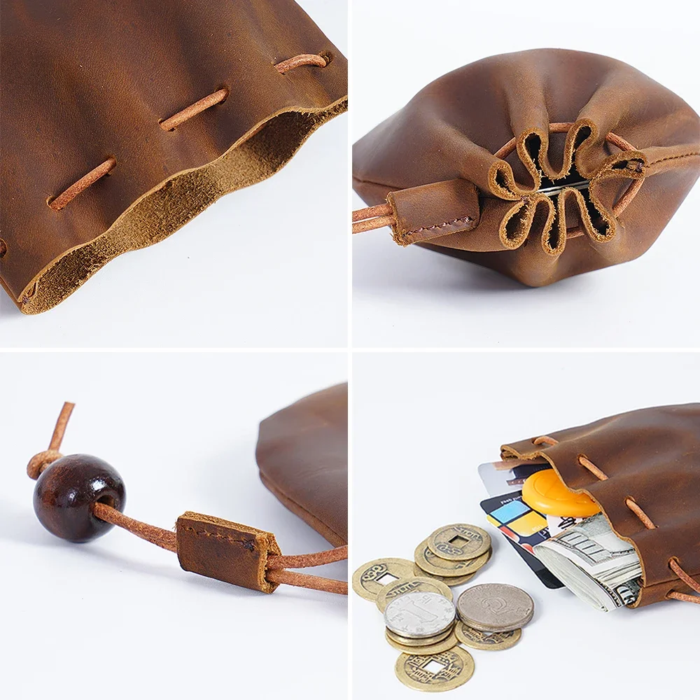 Moterm Original Handmade Genuine Leather Unisex Coin Purse Cow Leather Coins Money Pocket Retro Wallet Drawstring Storage Bag