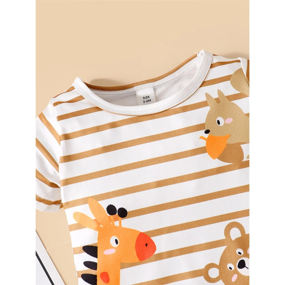 Baby Boy Cute Animals Romper Striped Short Sleeve Jumpsuit+Hat 2PCS Summer Korean Style Clothes Suit for Toddler Boy 3-24Months 2