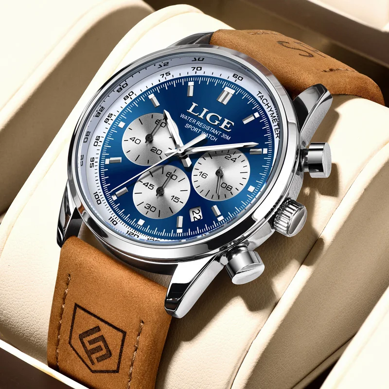 LIGE Luxury Men's Waterproof Chronograph Leather Quartz Watch
