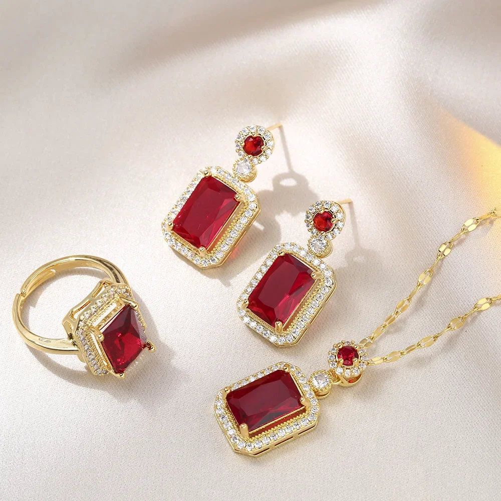 Luxury Emerald Color Earring Necklace Rings Set For Woman