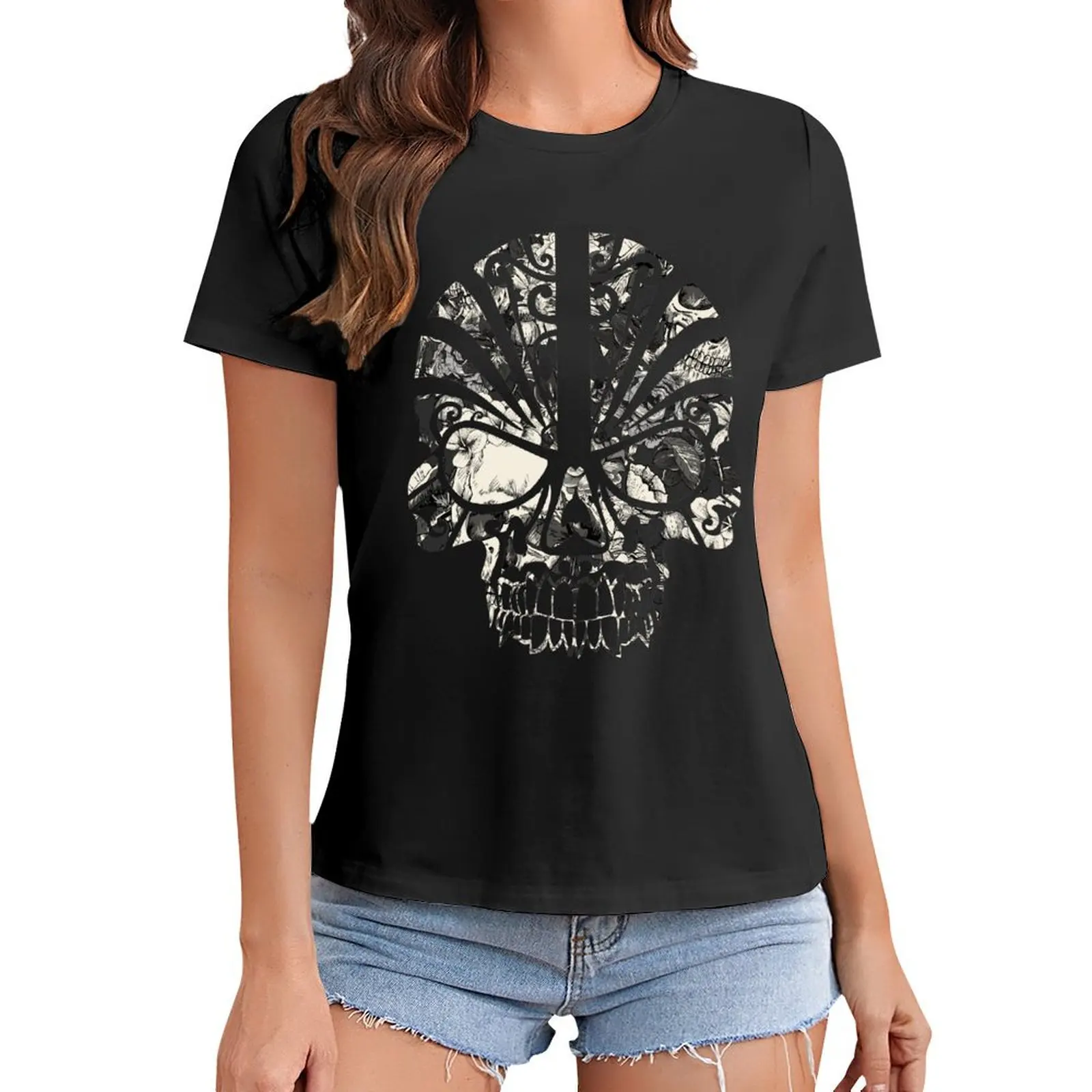 

SKULLS T-Shirt blacks sports fans lady clothes plain spring clothes Women 2024