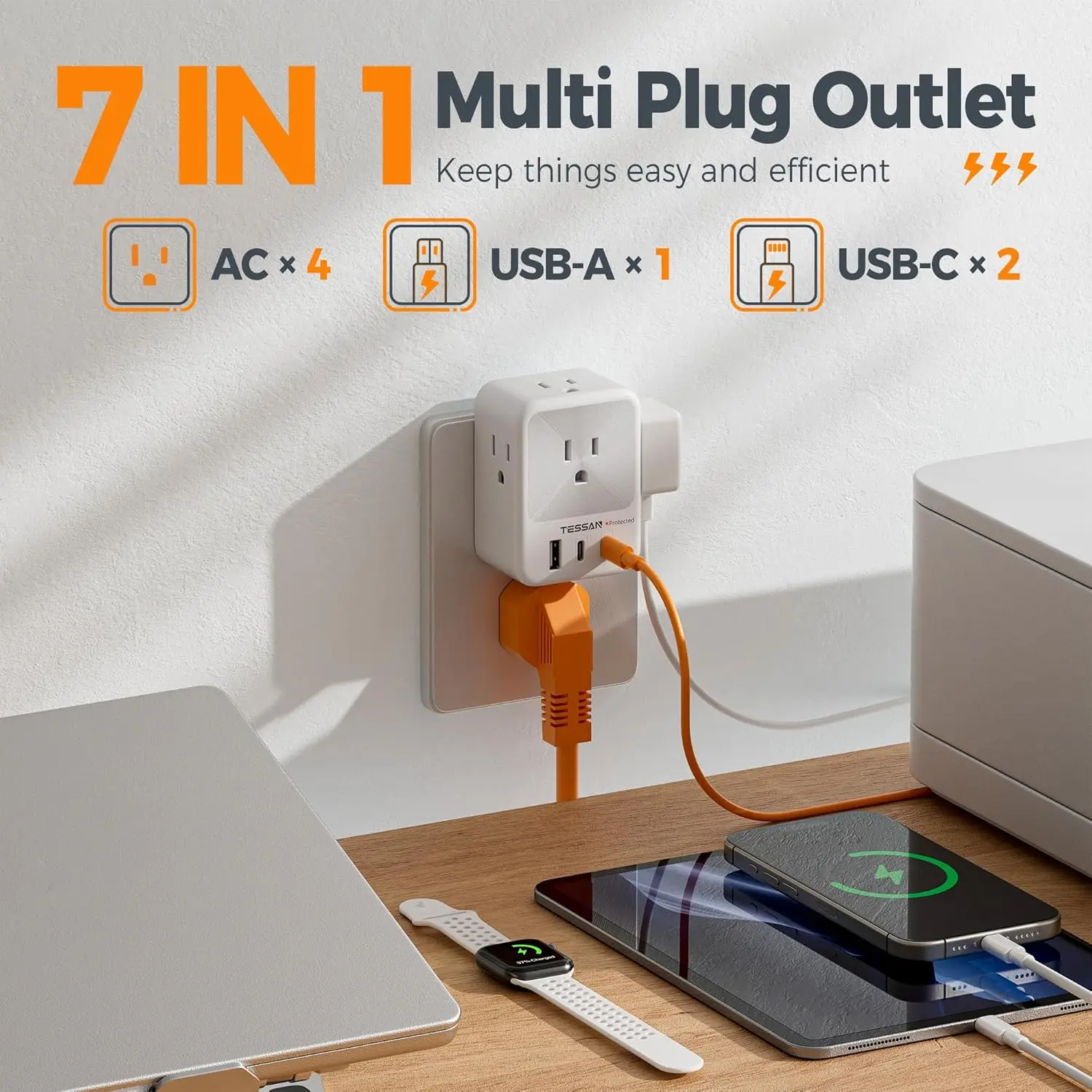 Power strip TESSAN US Plug Power Strip 4AC Outlet 3USB Charging Port Multi-Contacts Electrical Socket with Surge Protector for Home