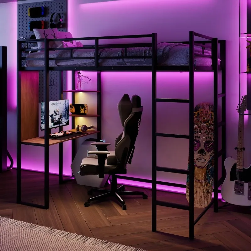 

Metal bunk loft bed with 2 bookshelves and 1 desk, loft bed frame with 2 built-in ladders, no noise, no springs required