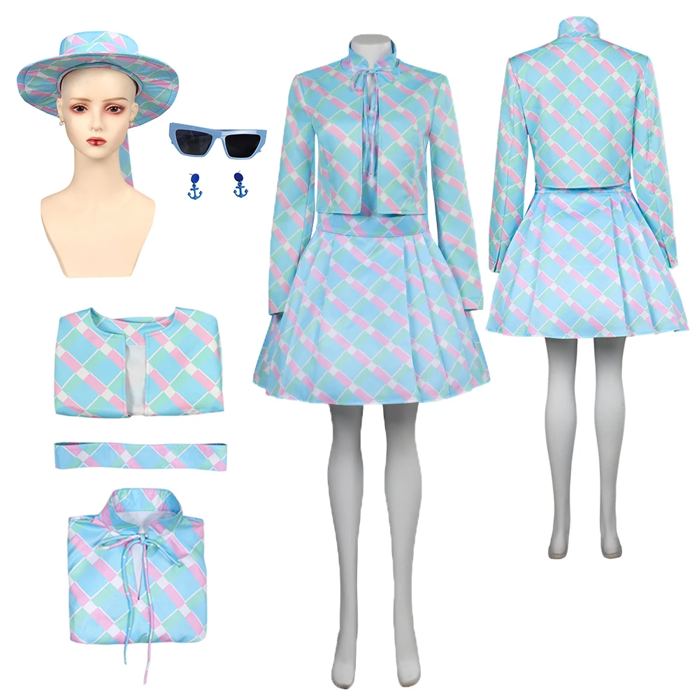

Female Margot Cosplay Costume Blue Plaid Girls Fantasy Roleplay Dress Hat Glasses Earring Halloween Carnival Party Disguise Suit