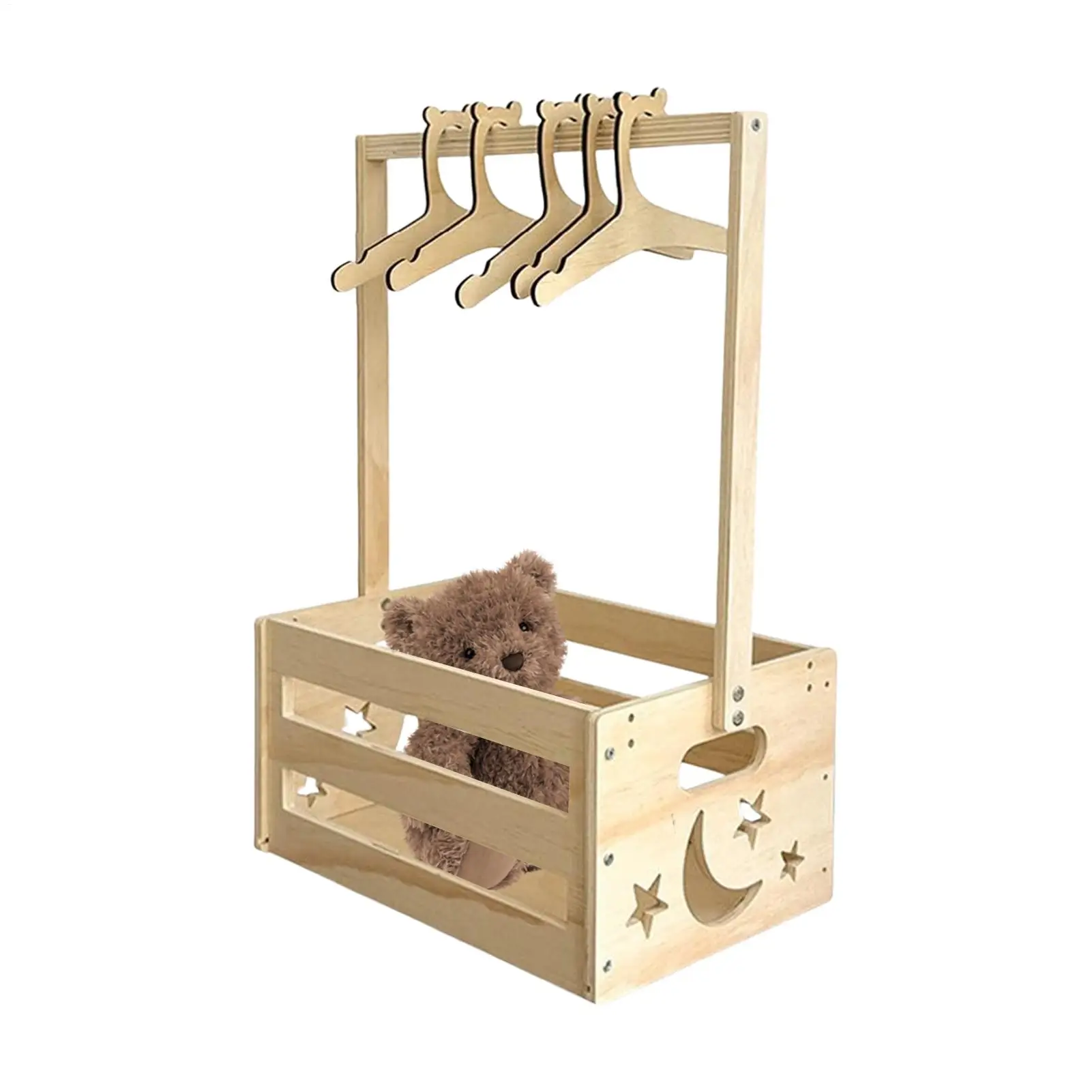  옷 수납함 (옷걸이 5개 포함) 나무 기저귀 수납 랙, 베이비 샤워 선물용 의류 바구니, 장난감 정리함