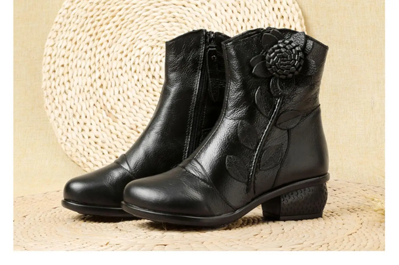 Winter Autumn Genuine Leather Women Boots Vintage Style med heels Boots Plush Soft Cowhide Woman Shoes ladies Ankle Boots Large