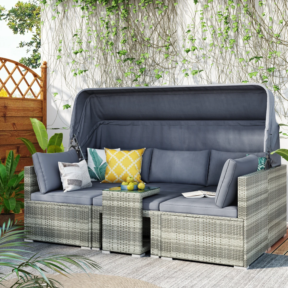 5 Pieces Outdoor Sectional Patio Rattan Sofa Daybed PE Wicker Conversation Furniture Set W/Canopy&Tempered Glass Side Table Gray