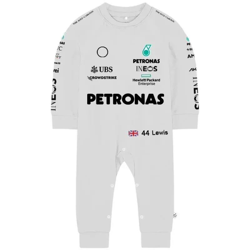 2025 시즌 F1 레이싱 루이스 44 조지 63 드라이버 스포츠 베이비 롬퍼 블랙 유니섹스 키즈 봄 가을 착용 소년 소녀용
