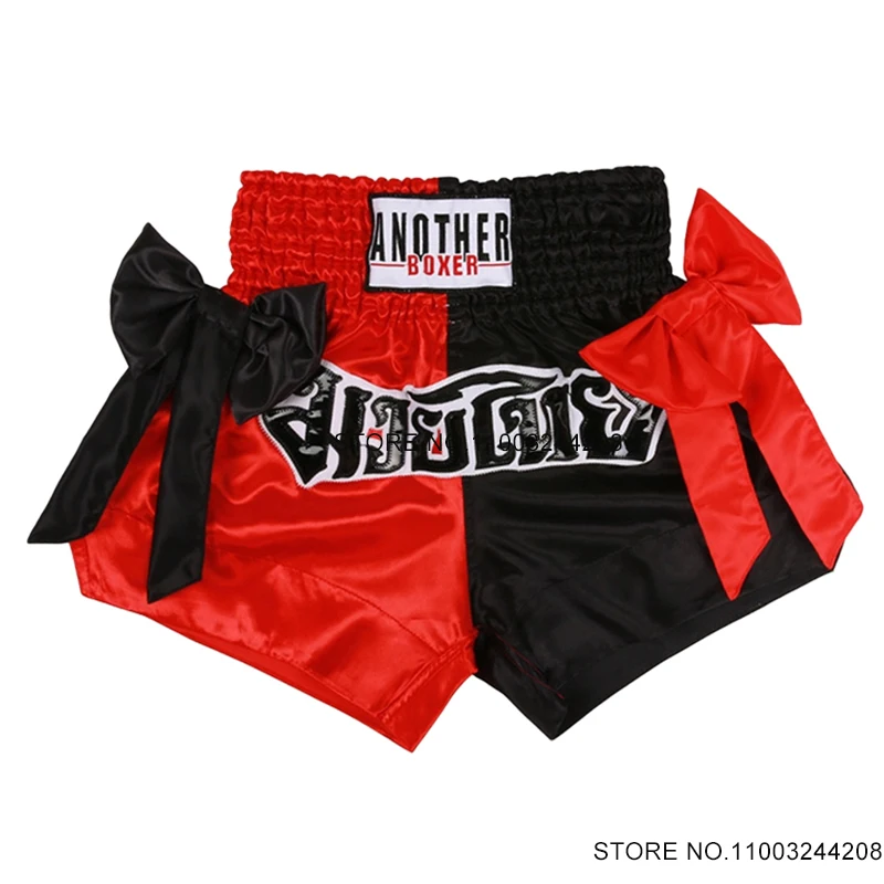 Muay Thai Shorts Bow Tie Silk Satin Boxing Shorts Men Women Child Martial Arts Kickboxing Training Cage Fighting Grappling Pants