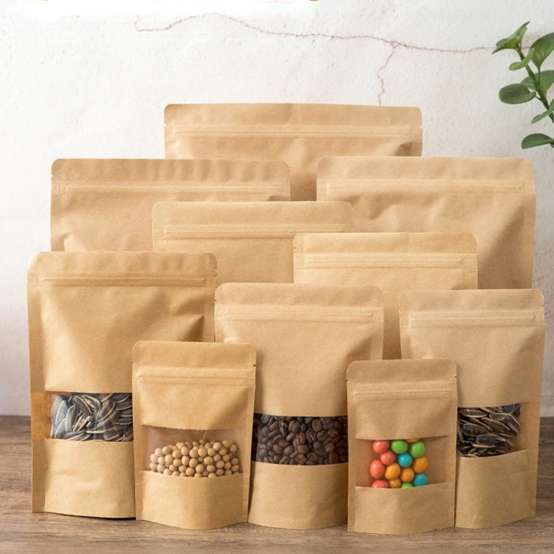 thumbnail image 1 of 10 piezas de embalaje con cierre de cremallera, bolsa de papel kraft con ventana, bolsas de pie para regalo, bolsas de embalaje de té, frutas secas, bolsas con cierre autoadhesivo, 1 of 4