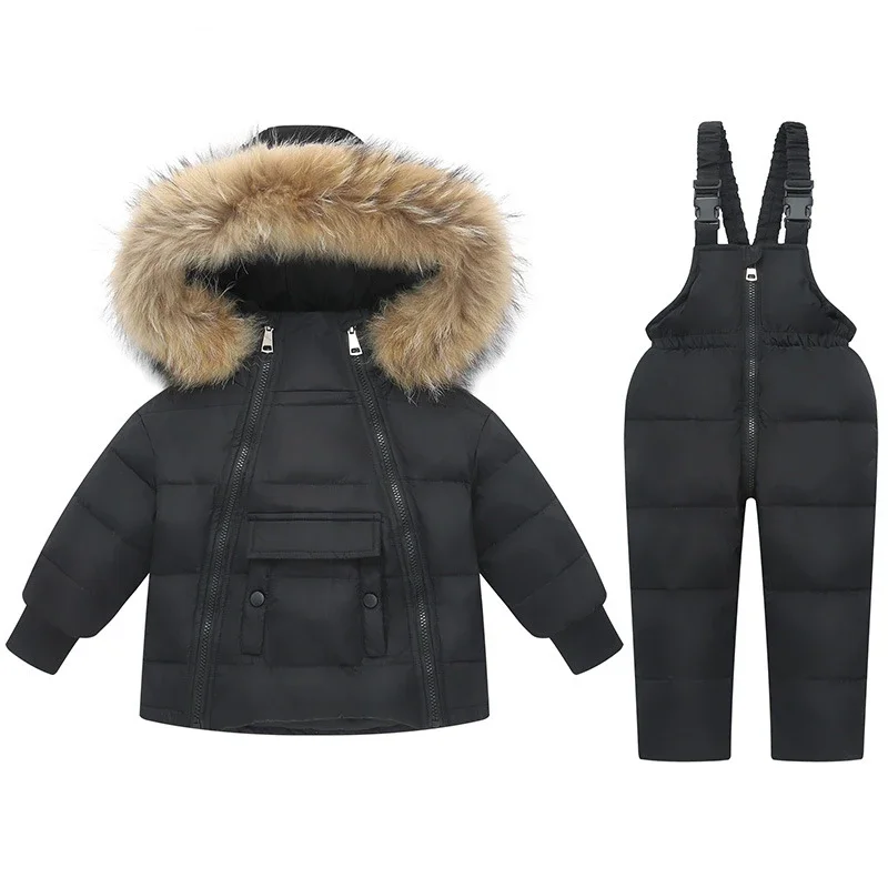 

Winter Toddler Boy Down Jumpsuit Clothing Sets Real Fur Collar Coat Jackets Overalls Girl Outerwear Down Jumpsuit Clothing Sets