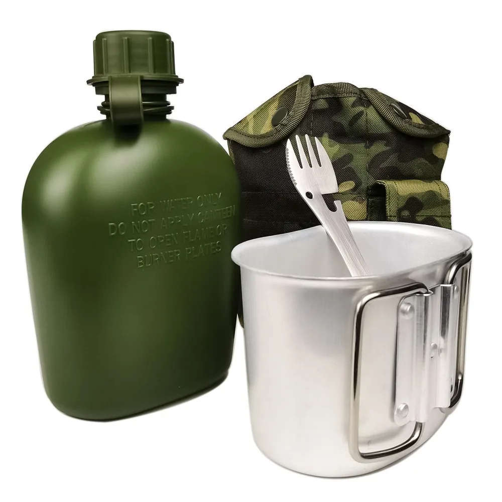 Outdoor Sports Bottles Military Canteen Bottle Camping Hiking Backpacking Survival Water Bottle Multifunctional Kettle 1 Set 1L