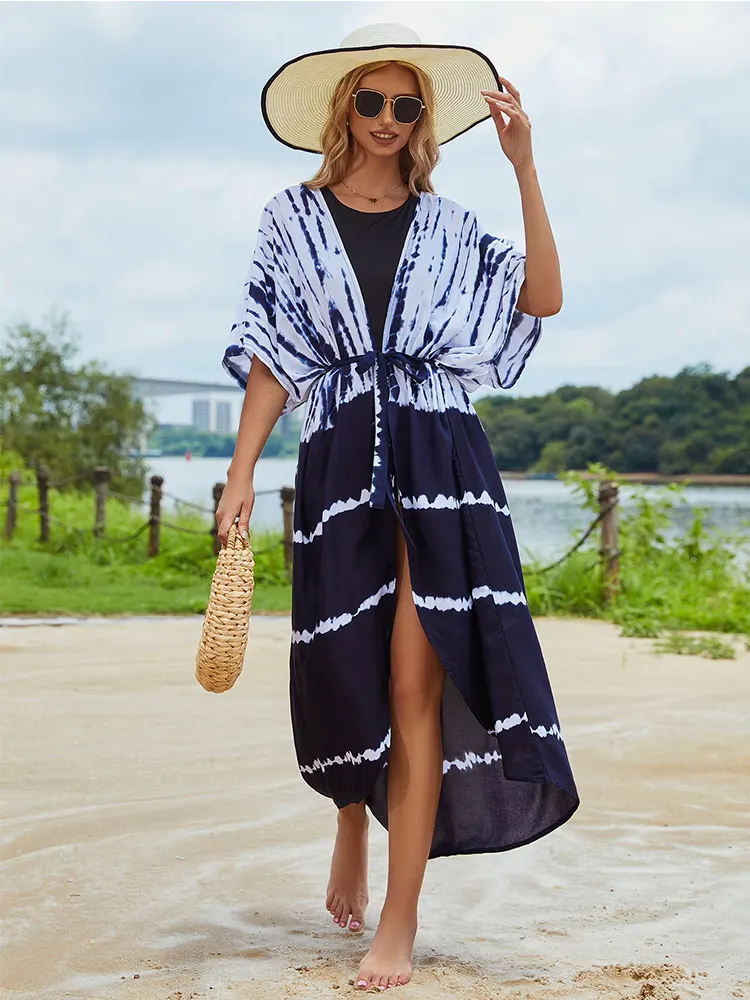 Bikini Cover-ups Black Retro Striped Self Belted Women Summer Clothing Kimono Dress Beach Wear Swim Suit Cover Up Q1225 beach cover swimsuit cover beach dress