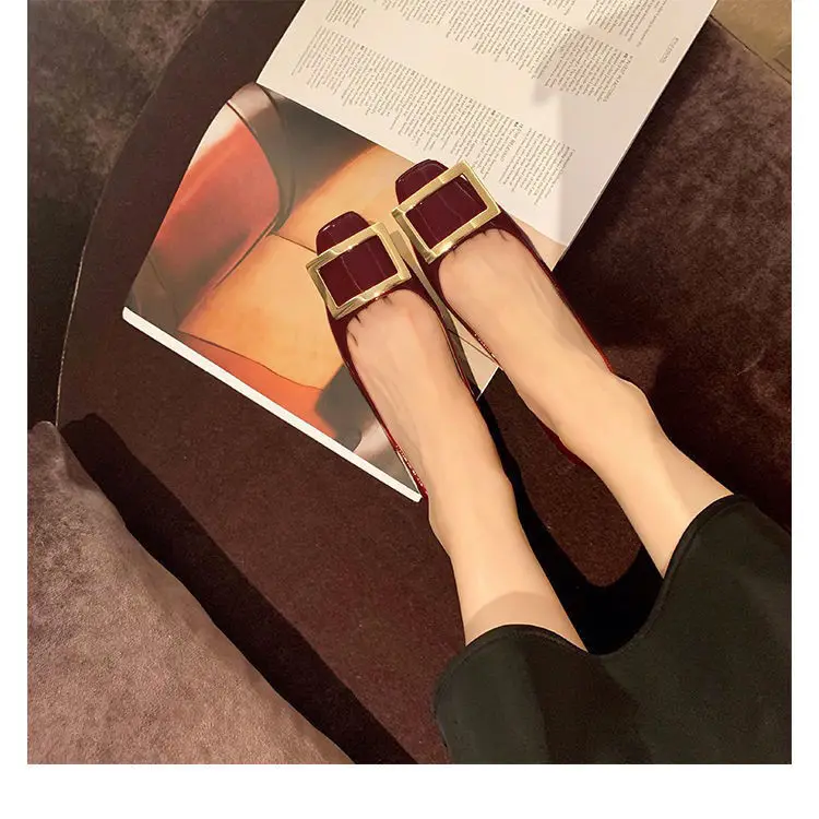 Flats Women's Shoes Patent Leather Square Buckle Shoes Autumn New Ladies Shallow Mouth Square Toe Flat Shoes Office Plus size 42 5