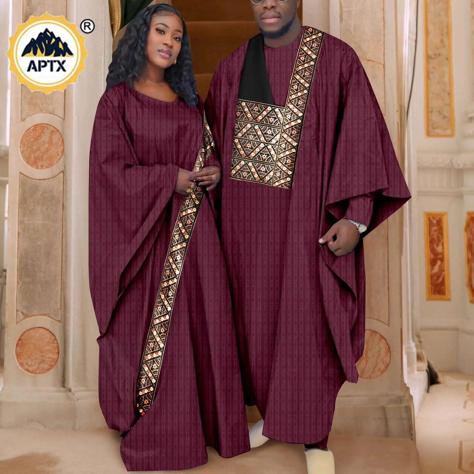 African Matching Outfit for Couples Bazin Riche Men Shirt Pants and Robes Muslim Sets Dashiki Women Long Dress Kaftan Y23C034