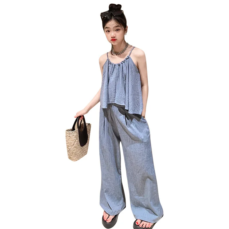 

Girls Summer Clothes Designer Off-shoulder Strap Vest Wide Leg Pants Two Pieces Teen Kids Outfits Set Fashion Children Clothing