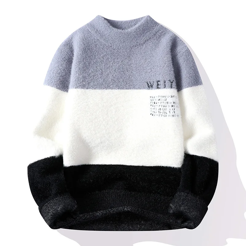 

Fashion Stitching Color Round Neck Sweater Jumper Couple Tops Autumn Winter Men's Casual Loose Pullover Warm Knitted Sweatshirts
