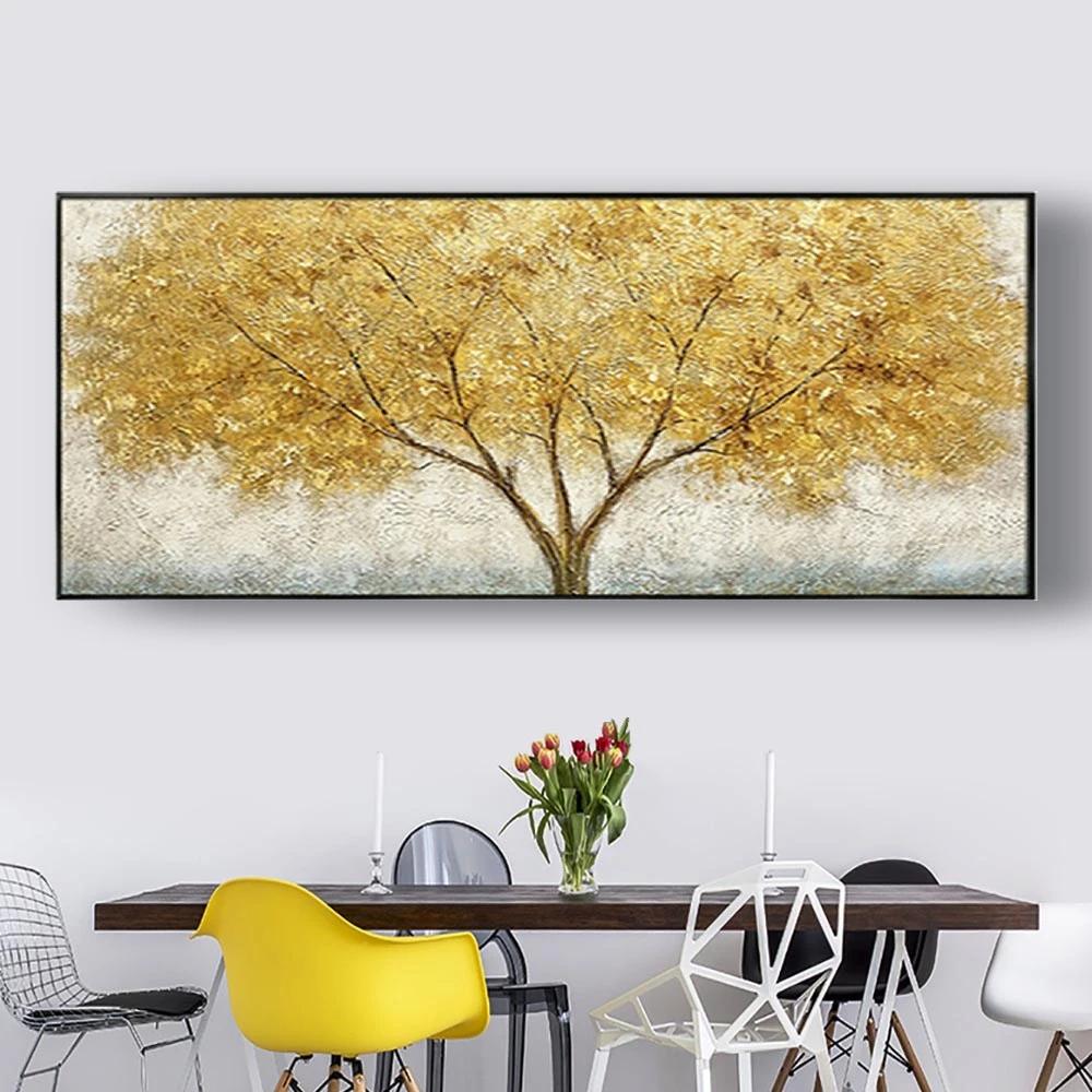 

100% Handmade Horizontal Panel Rectangle Golden Yellow Tree Oil Painting Modern Living Room Aesthetic Life Home Wall Art Picture