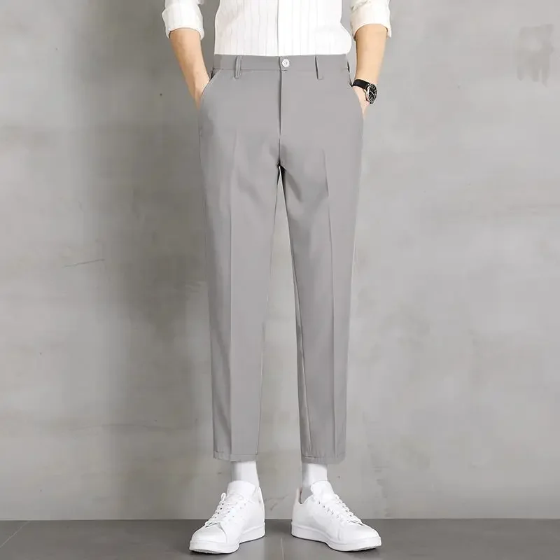 thumbnail image 1 of Pantalones de oficina rectos y elásticos de 9 pulgadas recortados para hombre, pantalones de trabajo para hombre, pantalones de traje elásticos con trenzas, ajustados, baratos, para vestir, informales, 1 of 5