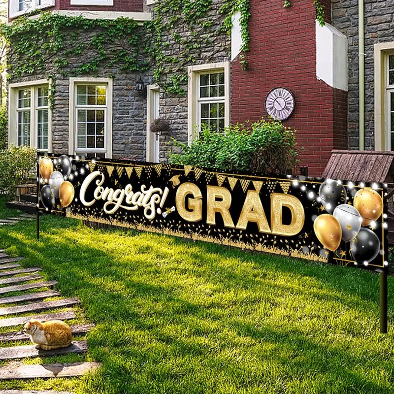 Outdoor Grad Banner Graduation Party Decorations Black and Gold Backdrop Graduation Party Supplies with Rope for Garden Yard