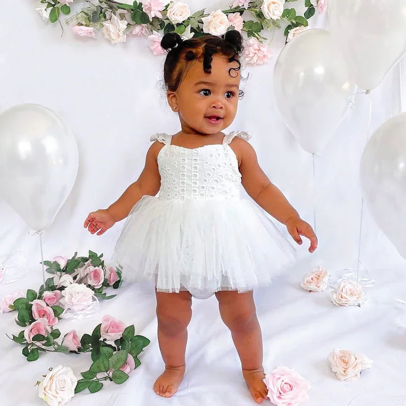 

White baby girl romper Tulle tutu dress Cake Smash outfit girl Summer Cotton lace sundress Toddler 1st Birthday Baptism Newborn