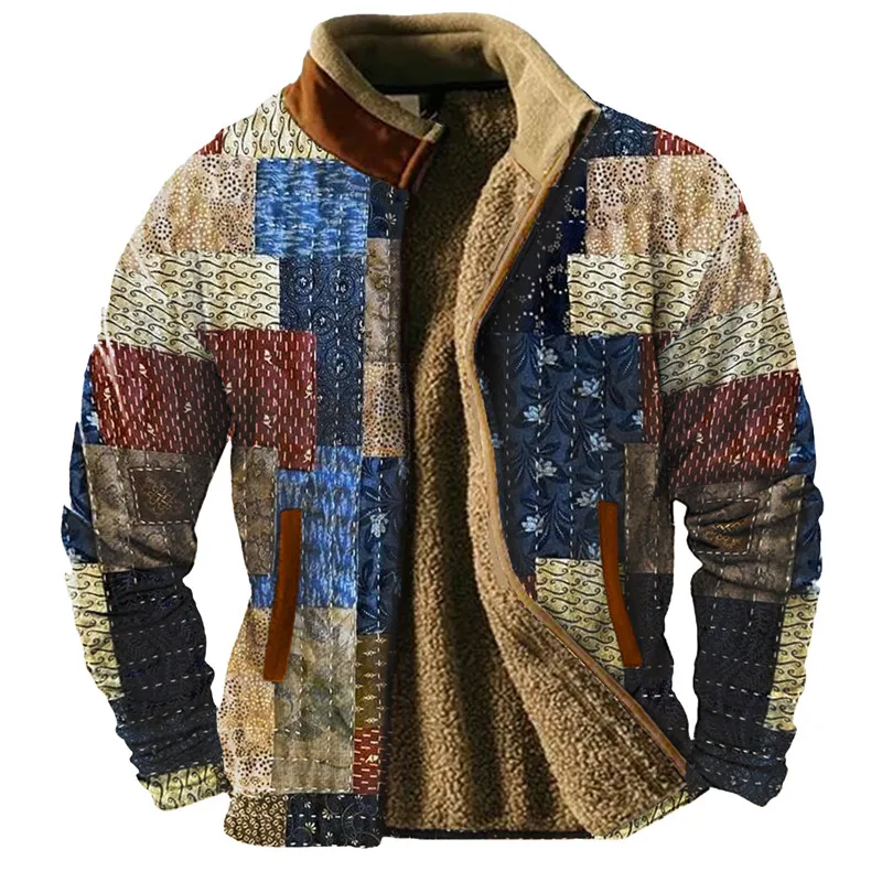 Graphic Patchwork Men's Daily Zip Sweatshirt Holiday Vacation Going out Sweatshirts Brown Long Sleeve Stand Collar Fleece Winter