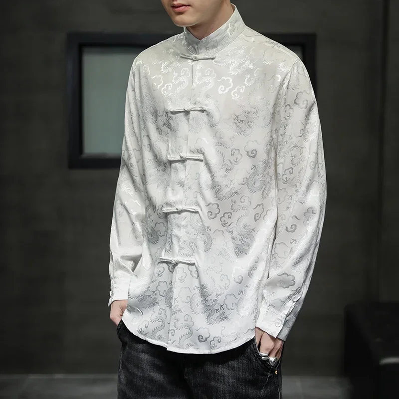 Men Chinese Style Shirt Buckle Elegant Tang Jackets Silver Mandarin Collar Blouse Red Chinese New Year Clothes Big Size Blue Satin Silk Shirts for Mens hanfu jacket