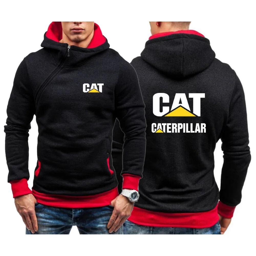 

2023 Spring Autumn New CAT Caterpillar Logo Printed Diagonal Zip Design Hooded Pullover Casual Slim Fit Cotton Patchwork Hoodies