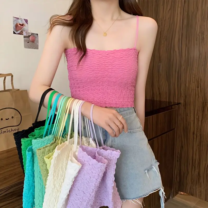 

Edible Tree Fungus Folded Short Crop Top Women's Outerwear 2023 Summer New Slim Wrap Breast Beauty Back Top Sexy Camisole