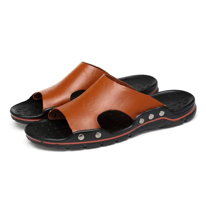 

Genuine Leather Slippers Men Big Size 48 47 Slip on Casual Shoes Summer Breathable Outdoor Mens Slides Comfortable Beach Sandals