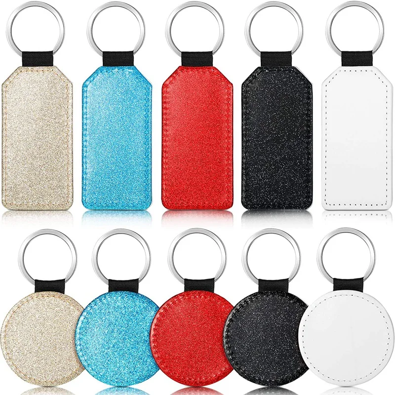 

10 Pack 5 Colors Sublimation Blanks Keychain Glitter PU Leather Keychain Bottle And Round DIY Heat Transfer Keyring