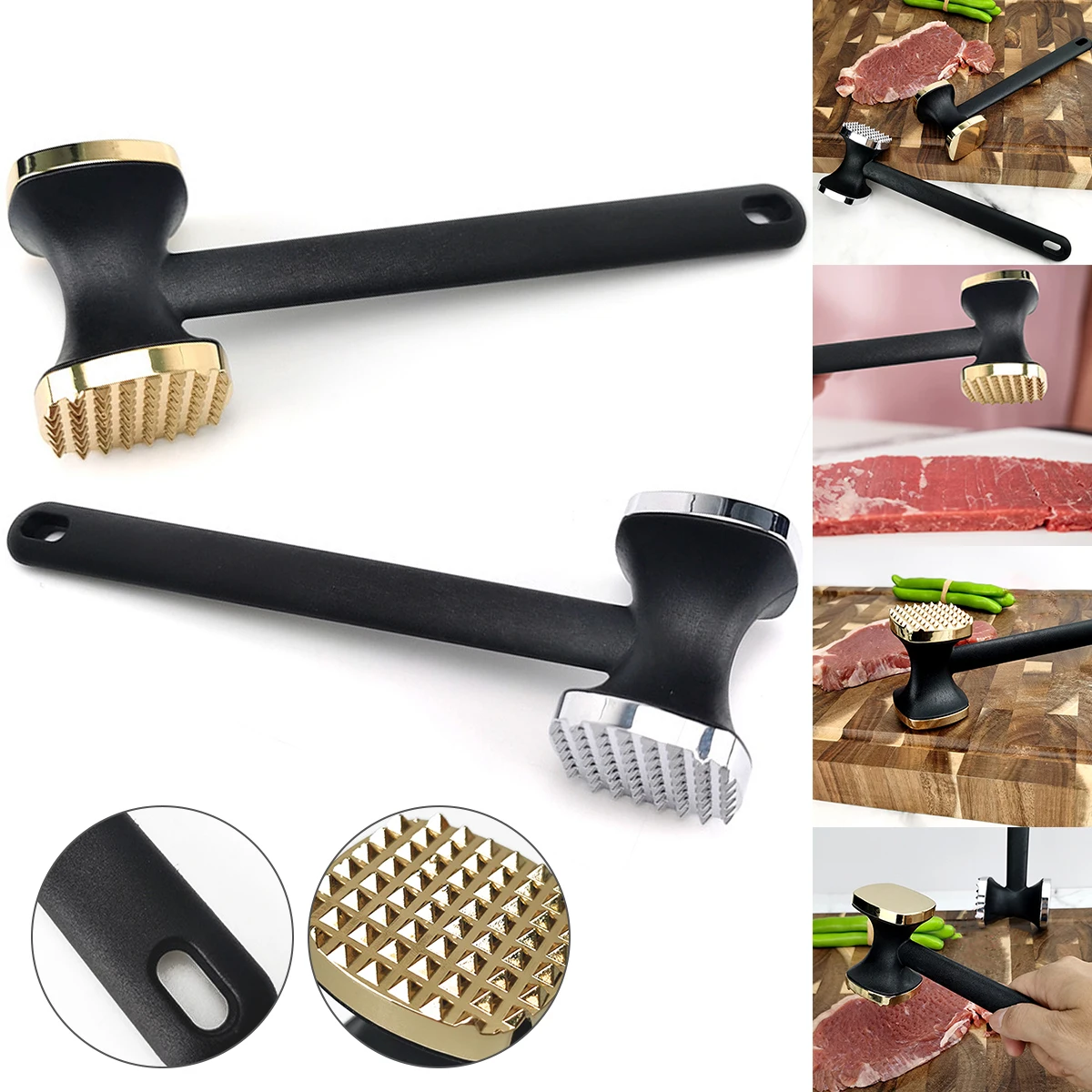 Double-Sided Steak Hammer Mallet Sided Zinc Alloy Meat Tenderizer Food-Grade Meat with Ergonomic Handle for Home Steak Cooking