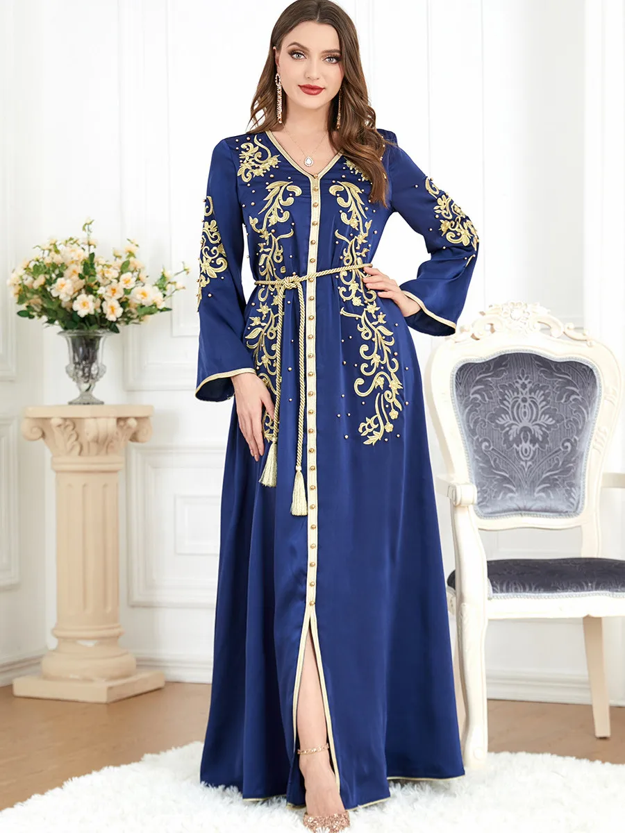 Muslim Abaya Long Dress Women 2023 Morocco Jalabiya Dubai Arab Islamic Clothing Embroidery Belted Kaftan Prom Dresses Vestidos