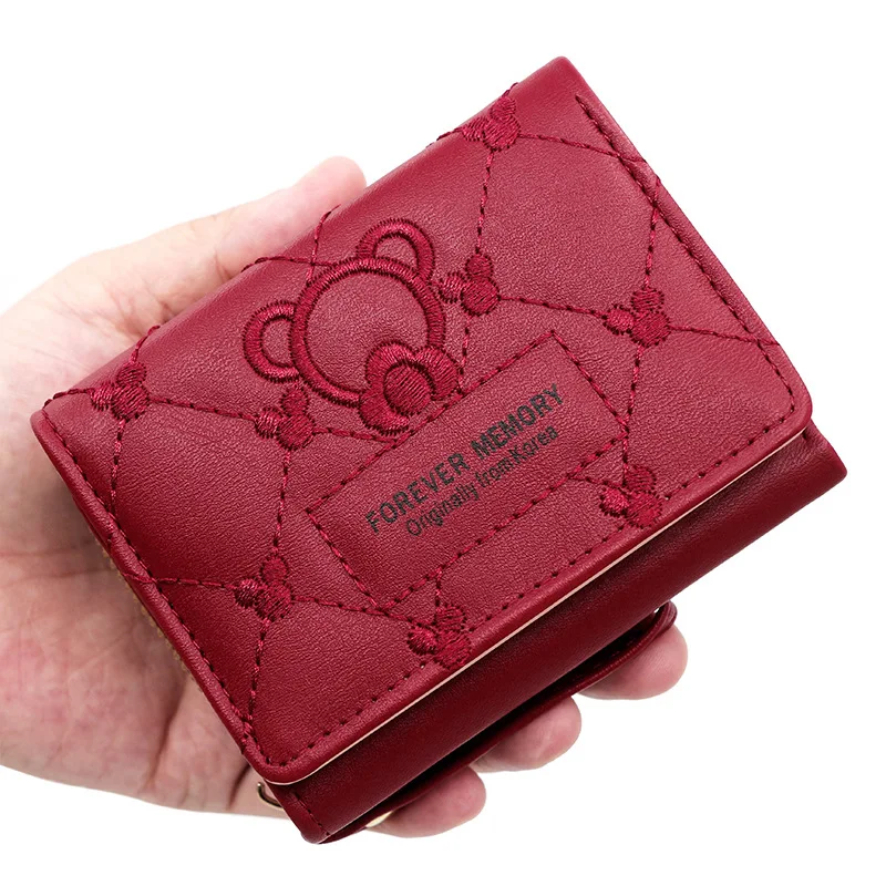 

Women's Three-Fold Short Wallets PU Leather Cute Embroidery Small Coin Purses Female Money Clutch Bag ID Card Holder Case