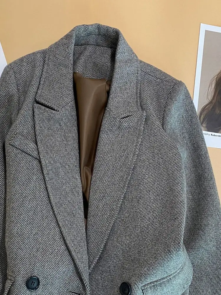 Mistura de lã Offce Senhora Blazer Jaqueta Feminina Outono Inverno Duplo Breasted Solto Turn-down Colarinho Temperamento Grosso Cinza 6 Computers & Electronics