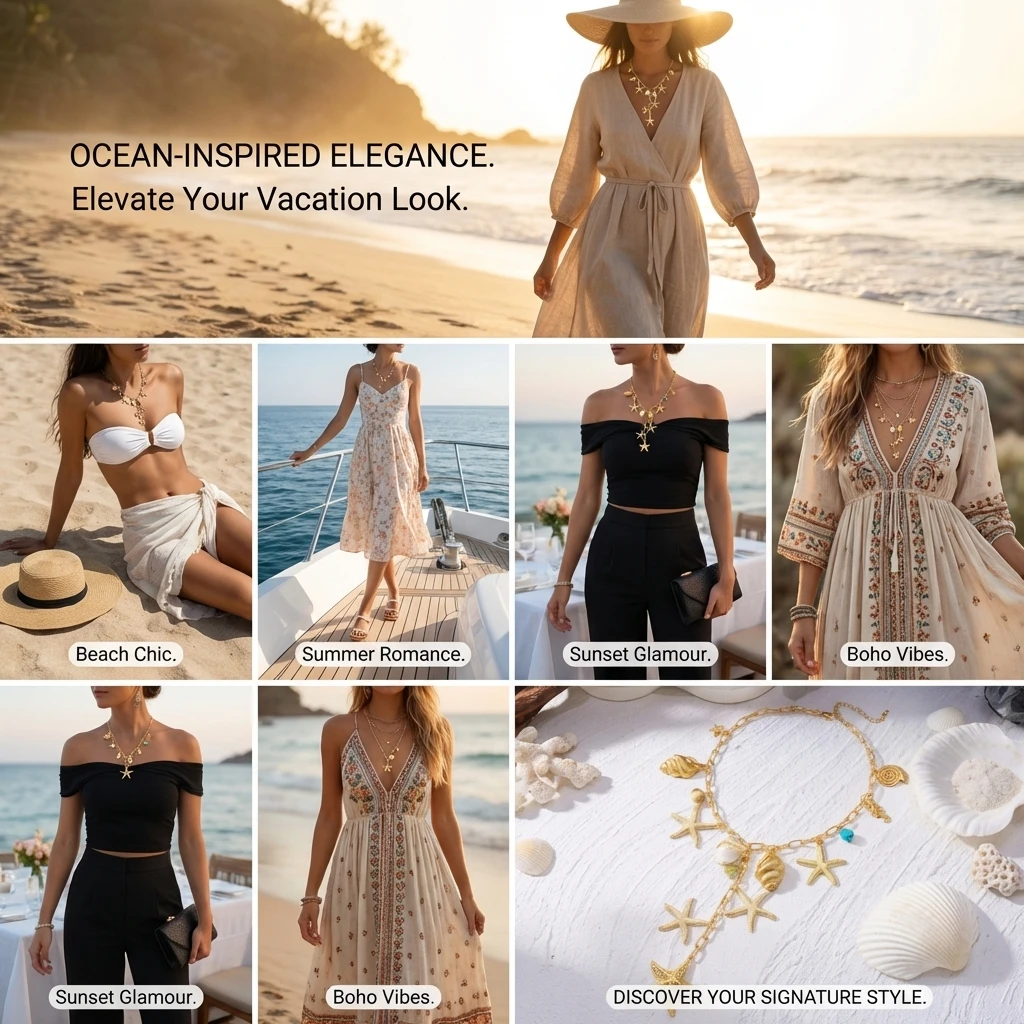 Design Sense Metall-Seestern-Halskette mit langen Quasten für Damen, Boho Sommer Muschel-Anhänger Halskette, Urlaubs- und Reise-Schmuck – Detail 4