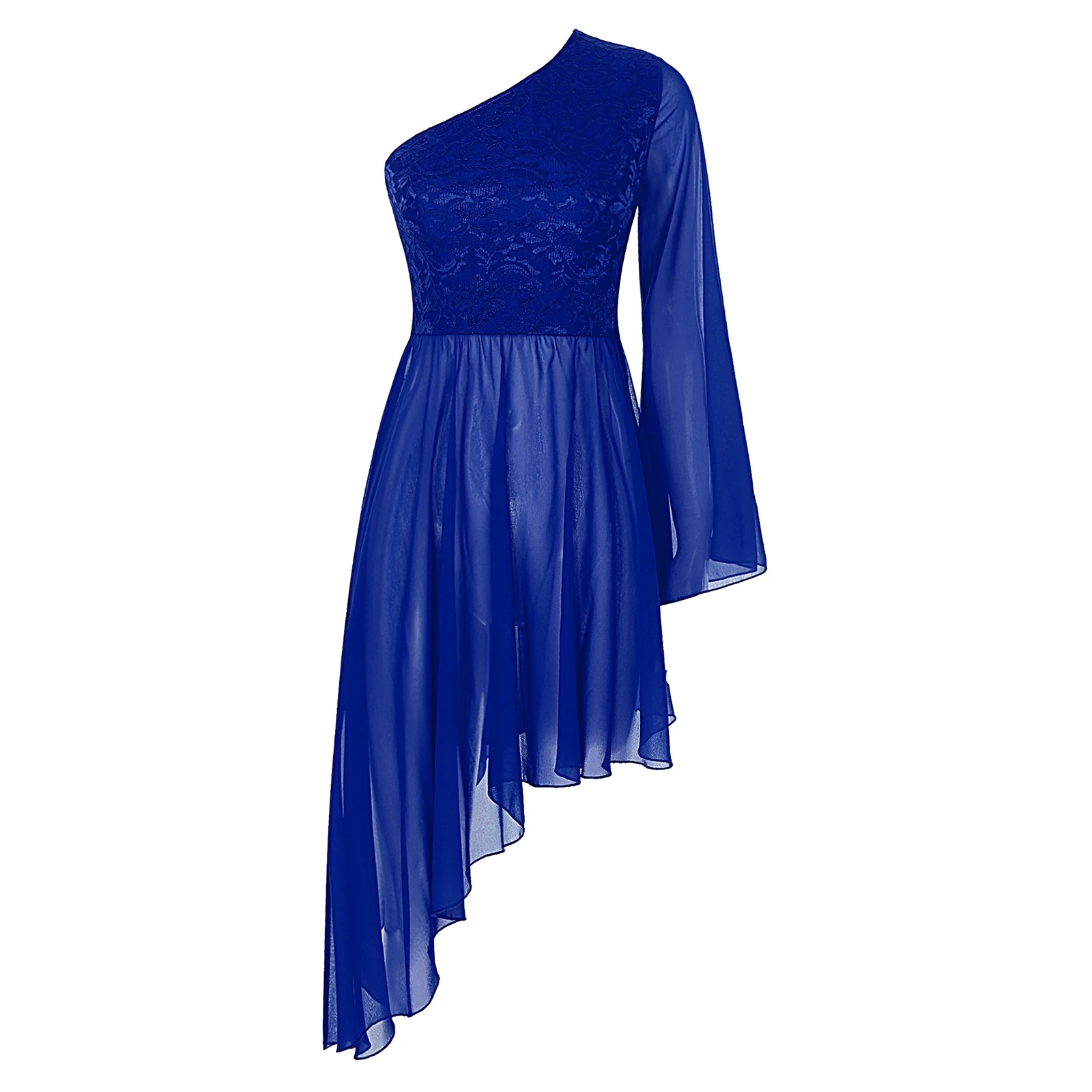 thumbnail image 1 of Vestidos de baile litúrgicos para mujer, túnica de adoración de encaje floral, vestido superpuesto con dobladillo asimétrico y manga acampanada con un hombro, 1 of 5