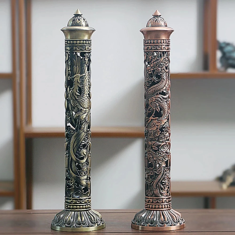 Archaize Vertical Incense Burner Buddha Heart Sutra Dragon Phoenix Pillar Metal Thread Incense Stick Home Office Decoration 1