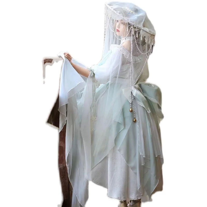 Hanfu Veil Screen Fence Pearl Hat Ancient Xiake Bead Curtain Super Fairy Elegant Sunscreen Hat Cosplay Tian Guan Ci Fu