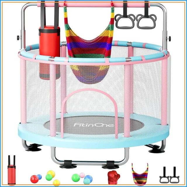 55" Toddler Trampoline for Kids Indoor Outdoor with Swing, 440lbs Capacity, Gymnastics Bar, Gift for 1-8 Year Old