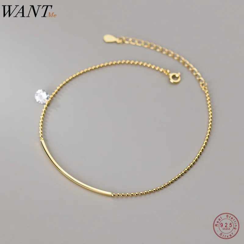 

WANTME 925 Sterling Silver Fashion Simple Elbow Ball Bead Statement Gold Anklet for Women Tassel Zircon Charm Beach Foot Jewelry