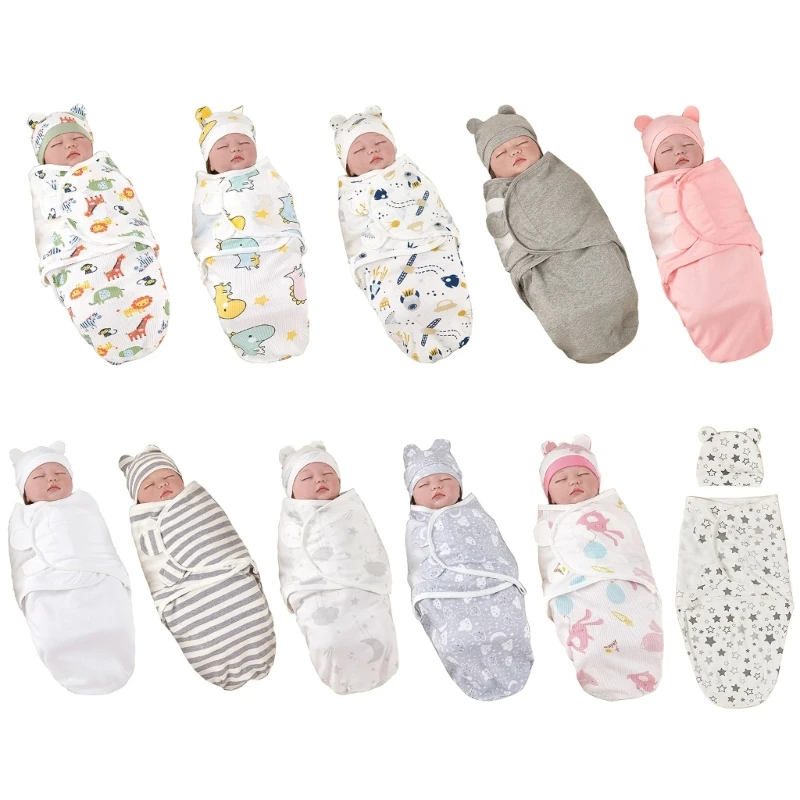 

Adjustable Newborn Sleepsack and Hat Set Newborns Swaddles Blanket Breathable Sleeping Bag with Fetal Caps for 0-3 Month