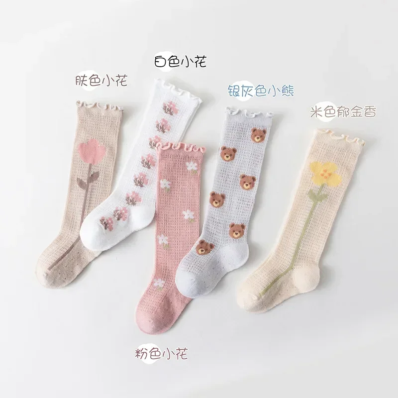 Summer Baby Girls Sock Cartoon Bear Aesthetic Floral Knee High Sock for Toddler Girls Soft Cotton Mesh Breathable Stockings