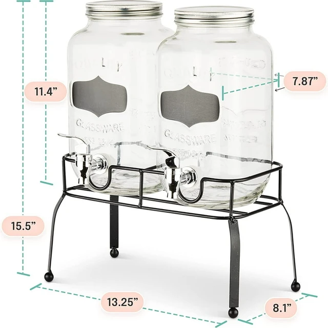 Dual Gallon Glass Bar Dispenser Set, Metal Stand, Stainless Steel Spigot,  Drinks